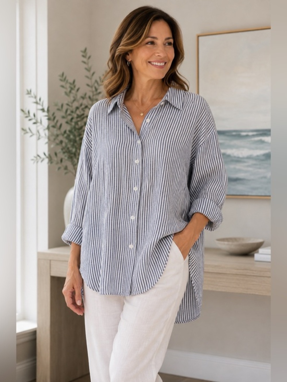 Cotton On Navy White Striped Linen Blend WAY Oversized Shirt EUC 4 #2689
